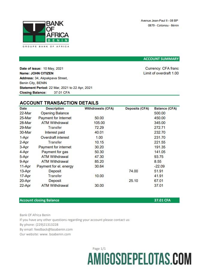 Extrato bancário do Benin Bank Of Africa para download, modelo fácil de preencher em formato Excel e PDF